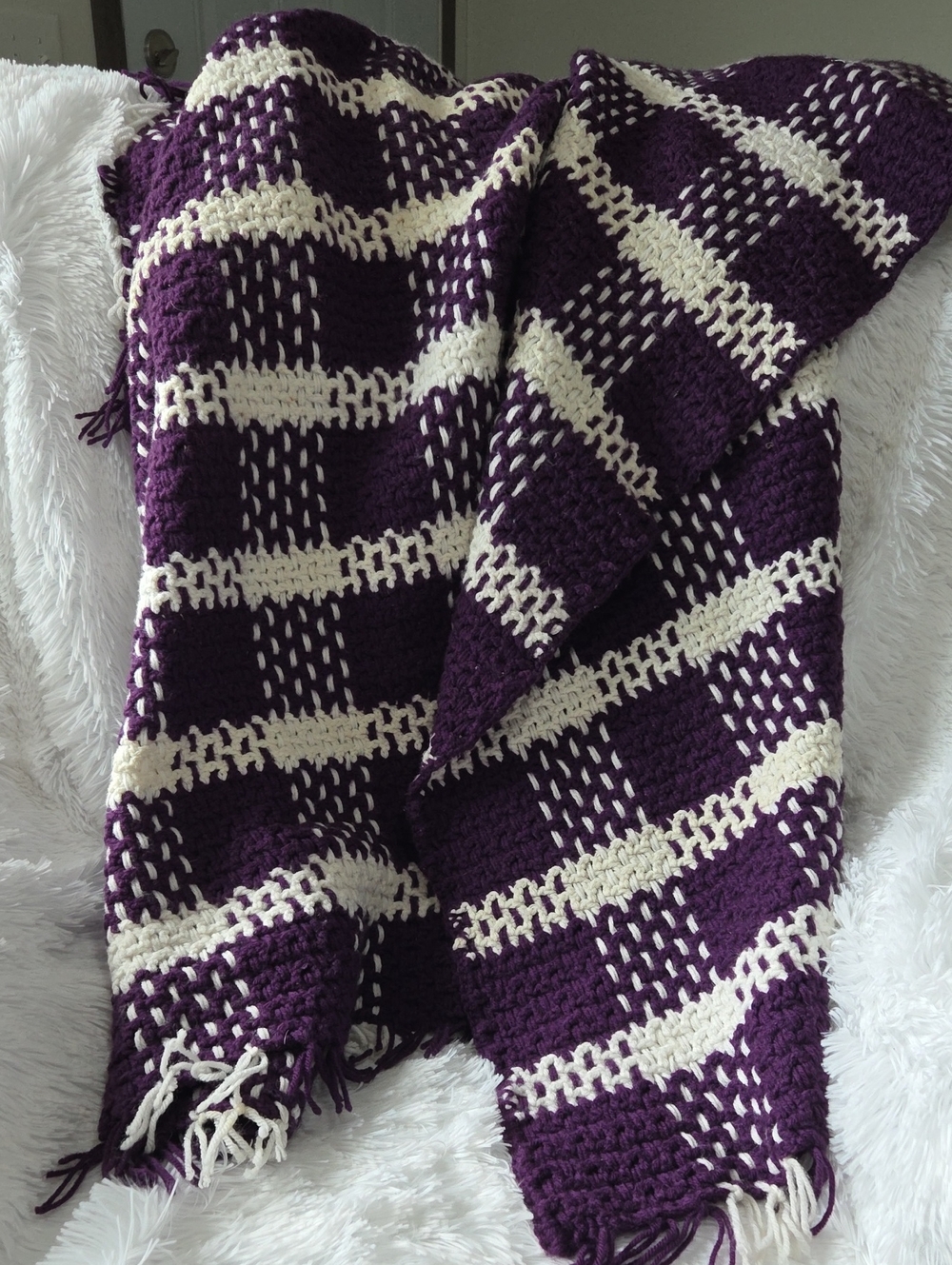 Handmade Purple and Cream Afghan With Fringe